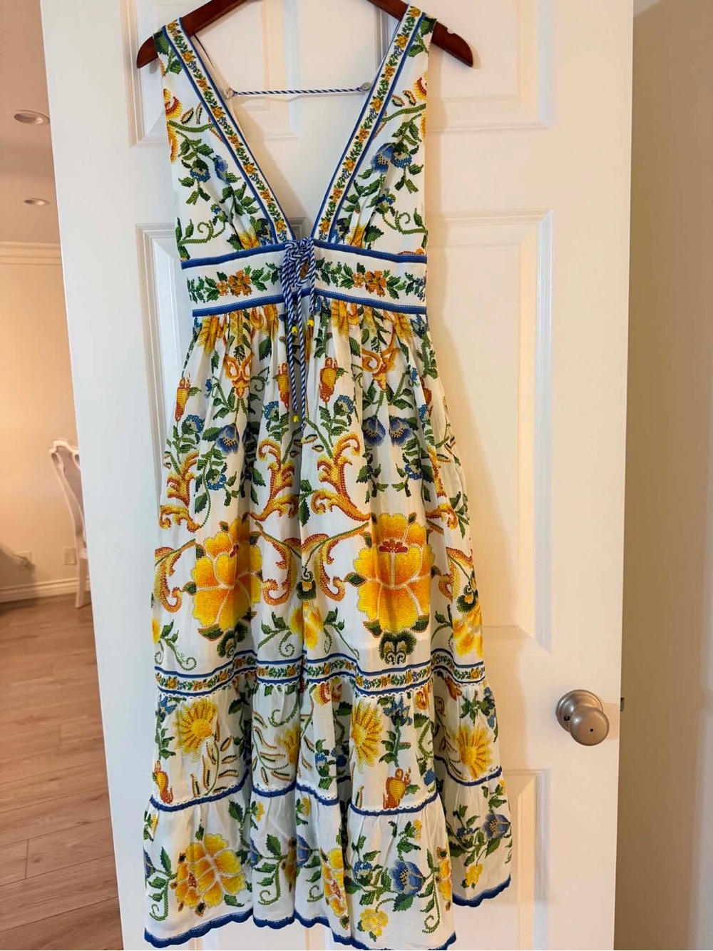 FARM Rio Emily White Midi Dress with Yellow and Blue Floral Embroidery XS